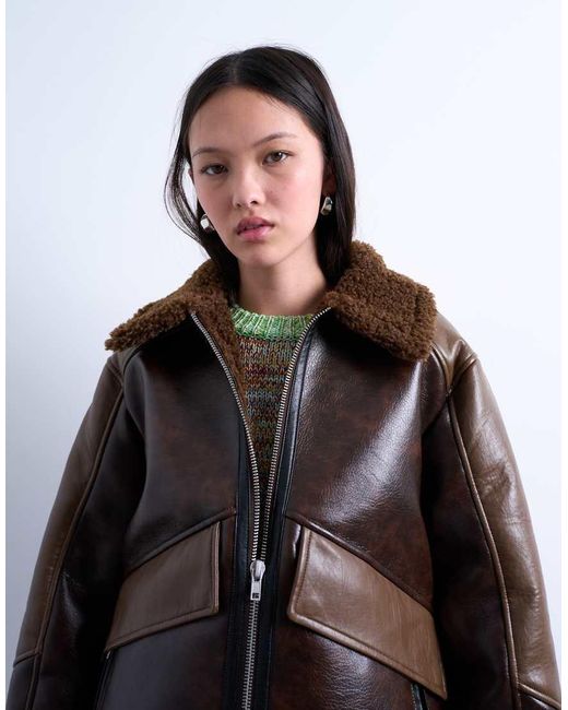TOPSHOP Brown Shearling Patchwork Faux Leather Jacket