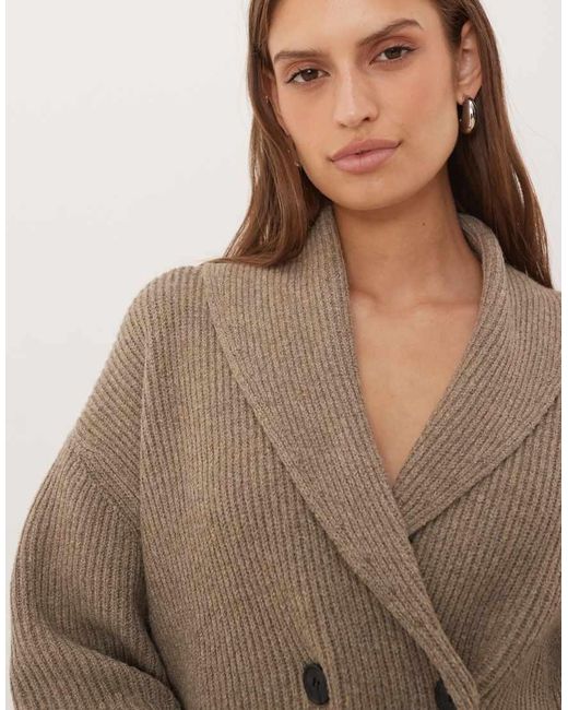 Pretty Lavish Natural Ribbed Knit Fold Over Collared Cardigan
