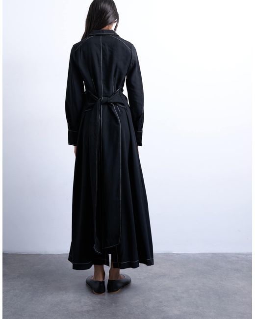 TOPSHOP Blue Contrast Stitch Long Sleeve Midi Shirt Tie Shirt Dress