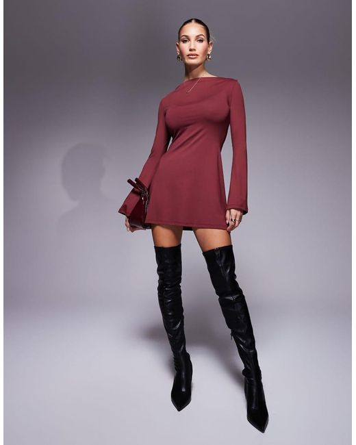ASOS Red Slash Neck Cowl Mini Dress With Flute Sleeve