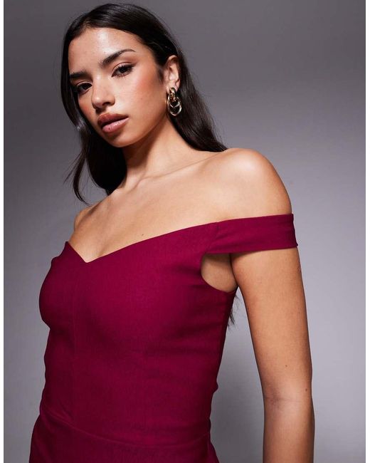 Vesper Red Bengaline Bardot Sweetheart Neckline Split Front Midi Dress