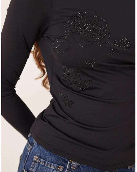 Gina Tricot Black Asymmetric Top With Rhinestone Flower Detail