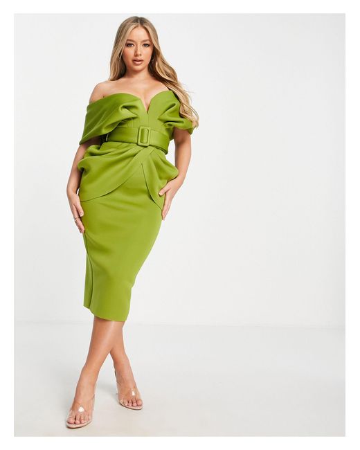 ASOS Green Draped Shoulder Belted Midi Dress