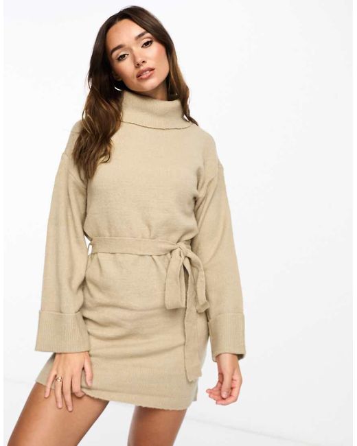 Vila White Roll Neck Mini Jumper Dress With Tie Waist