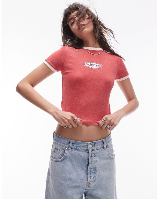 TOPSHOP Red Graphic Palermo Washed Baby Tee