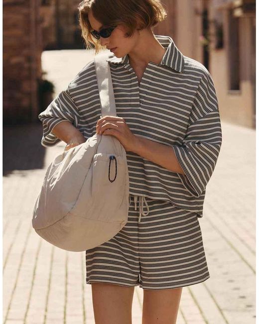 Oysho Gray Striped Cotton Blend Boxy Polo Shirt