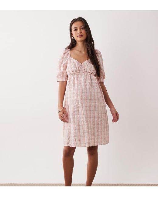 Mama.licious Pink Mamalicious Maternity Seersucker Puff Sleeve Ruched Front Dress