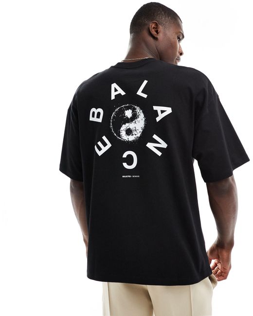 SELECTED Black Oversized Heavy Weight T-shirt With Balance Backprint for men