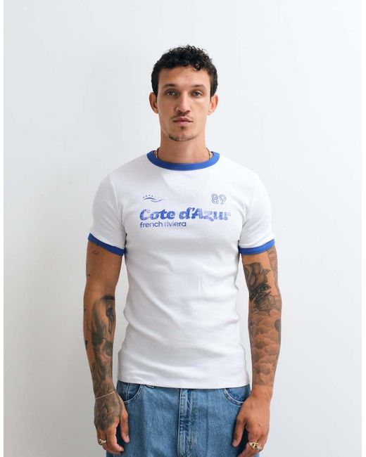 ASOS Blue Heavyweight Muscle Fit Ringer T-shirt With Athletic Graphics for men