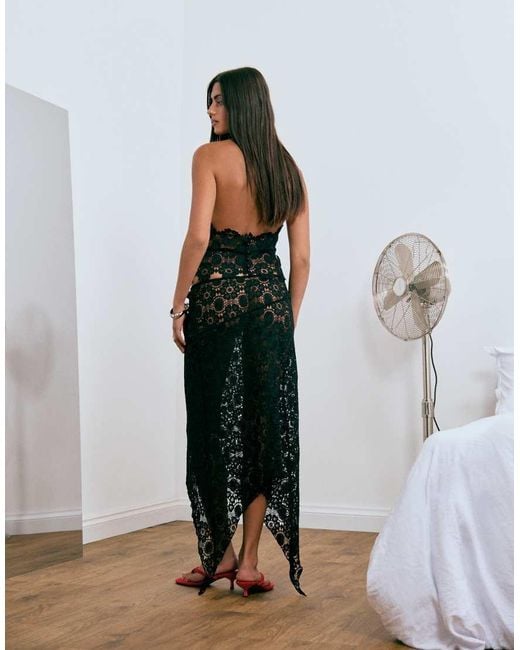 Lioness Blue Trophy Sheer Lace Intricate Floral Detail Asymmetric Skirt Co-ord