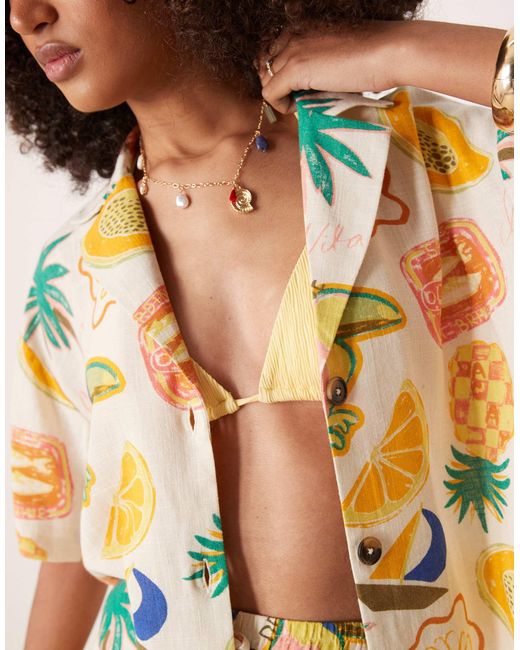 ASOS Multicolor – kurzärmliges hemd aus leinenmix mit tropischem print, kombiteil