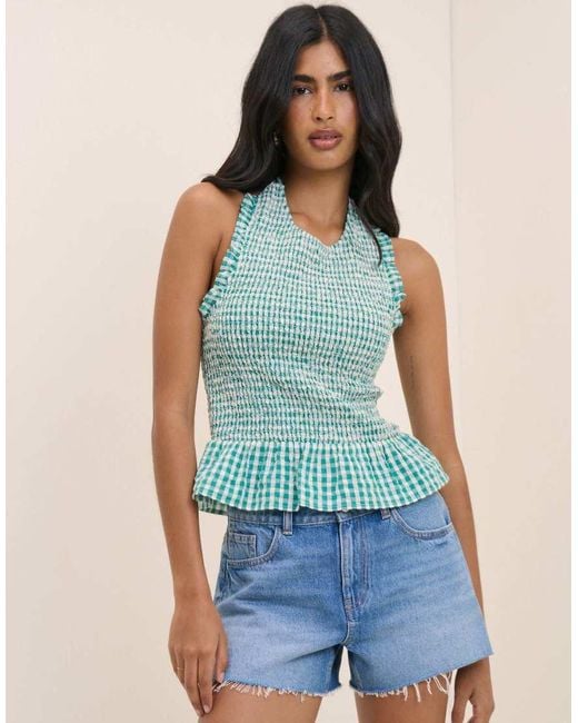 Nobody's Child Blue Gingham Shirred Halterneck Tizzy Top