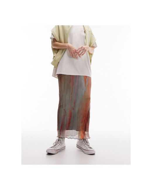 Falda midi plisada con estampado efecto acuarela difuminado TOPSHOP de color White