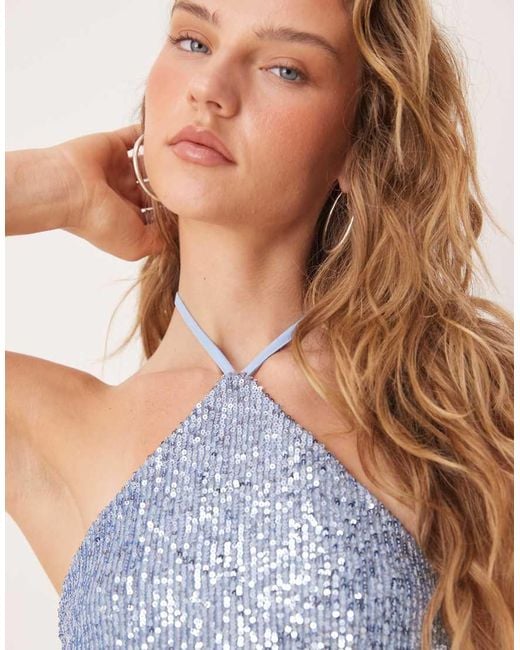 ASOS Blue Halter Neck Sequin Top With Tie Back Detail