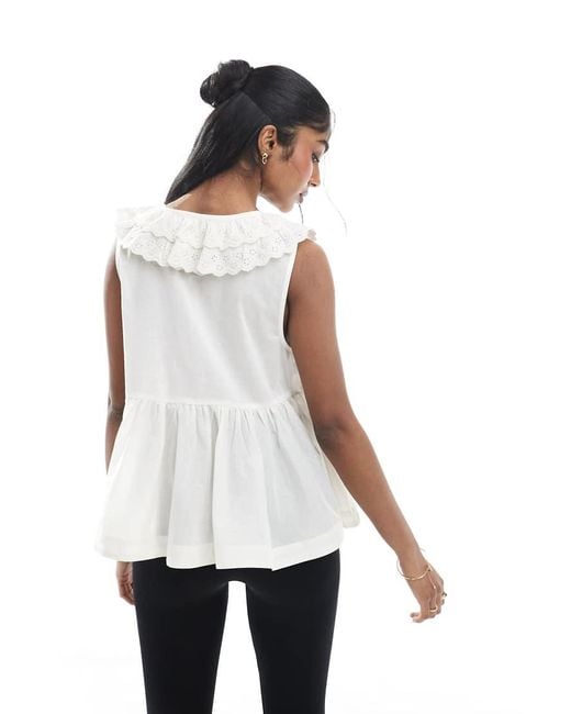 ASOS White Sleeveless Smock Top With Broderie Collar And Tie Neck