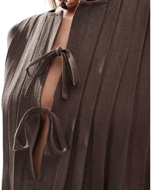 4th & Reckless Brown Linen Blend Pleat Detail Tie Front Top Co-ord