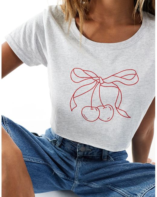 In The Style Blue Cap Sleeve Cherry Bow Motif Cropped Baby Tee
