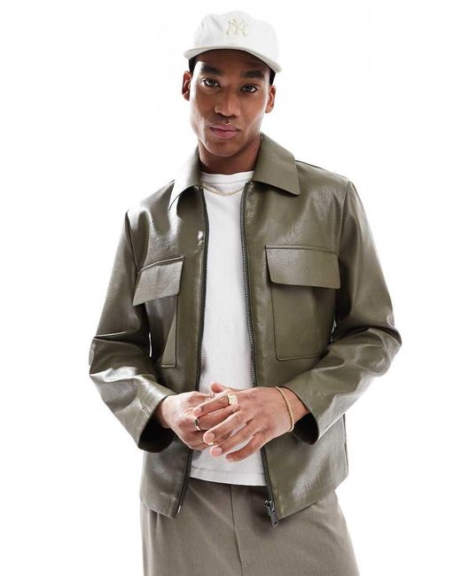 River Island Gray Faux Leather Shacket for men