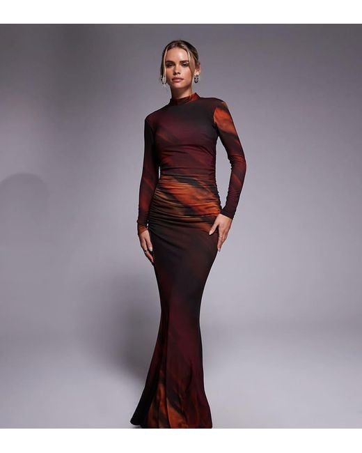 TFNC London Brown Mesh High Neck Ruched Side Maxi Dress