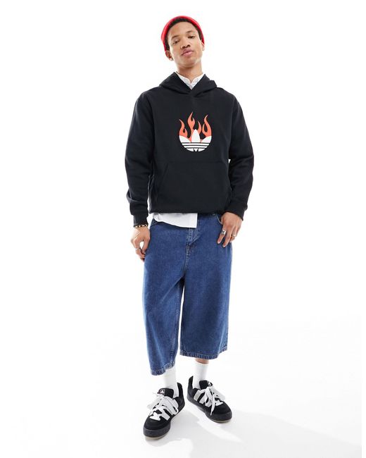 Felpa nera con cappuccio e logo a trifoglio con fiamme di Adidas Originals in Blue da Uomo