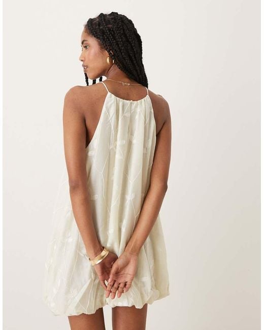 Mango White Halter Neck Dress With Puff Hem And Flower Embroidery
