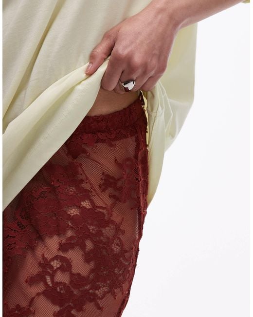 TOPSHOP Red Ruffle Seam Sheer Lace Maxi Skirt