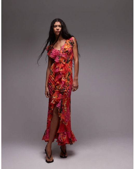 TOPSHOP Red Premium Ruffle Pintuck Gown