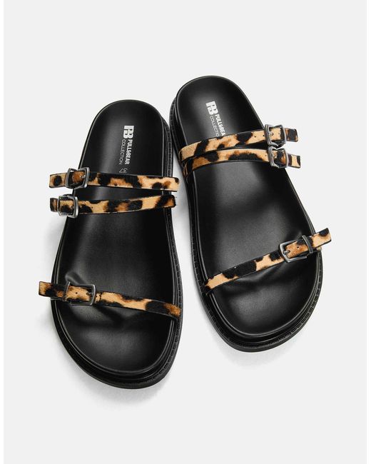 Pull&Bear Black – flache slider aus leder mit leopardenmuster