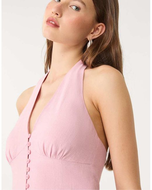 Stradivarius Pink Linen Blend Halter Top With Buttons