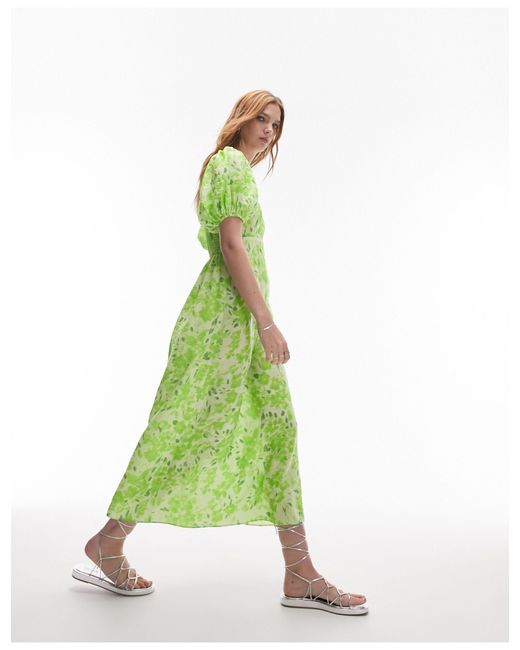 TOPSHOP Green Puff Sleeve Cut Out Midi Dress
