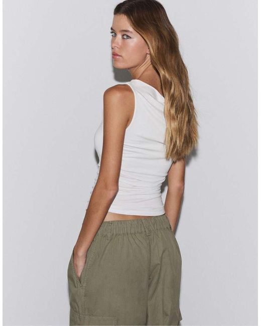 Stradivarius White Asymmetric Gathered T-Shirt
