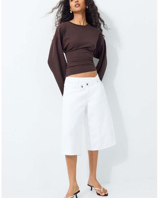 Stradivarius White Long Sleeve Fitted Waist T-shirt