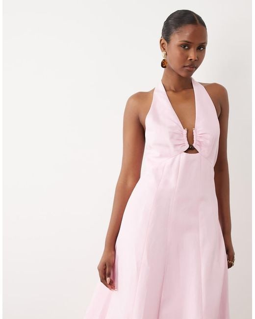 Forever New Pink Linen Mix Halter Neck Midi Dress With Hardware Detail