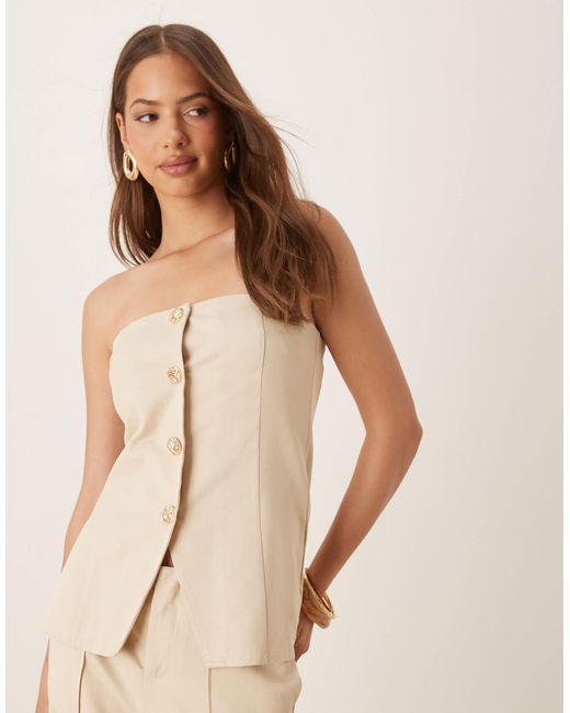 SNDY'S Natural Linen Look Bandeau Gold Button Split Front Tie Back Waistcoat Co-ord