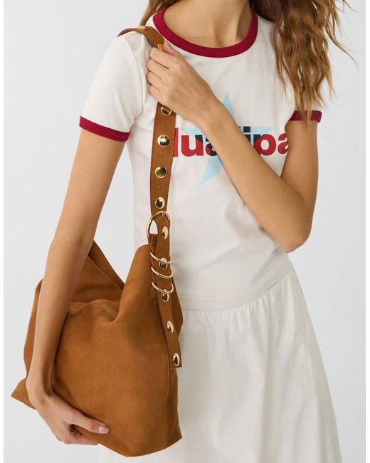 Stradivarius Brown Faux Suede Bucket Bag With Strap Detail