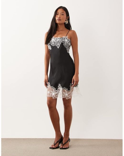 ASOS Black Asos Design Petite Satin Bias Lace Applique Mini Dress