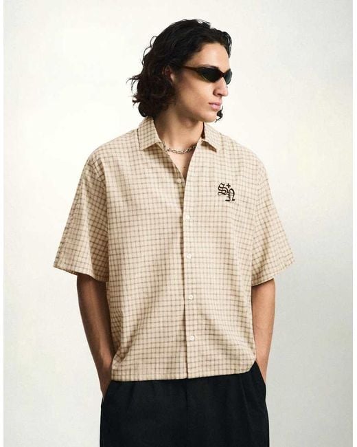 Bershka Natural Embroidered Short Sleeve Shirt for men