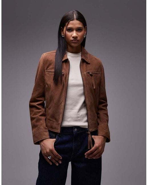 Chaqueta Marrón Entallada De Estilo Biker Con Cremallera De Ante De -Neutro Urbancode de color Natural