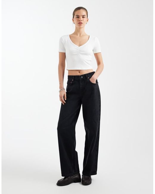 ONLY White V-neck Ruched Detail Ribbed Crop T-shirt