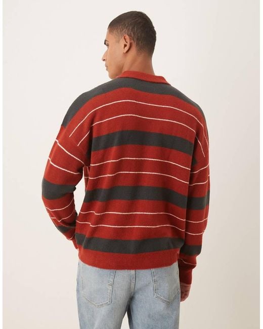 ASOS Red Oversized Knit Striped Rugby Polo Shirt for men
