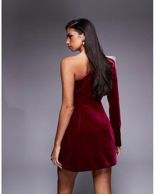 ASOS Red One-shoulder Velvet Mini Dress With Bow Detail