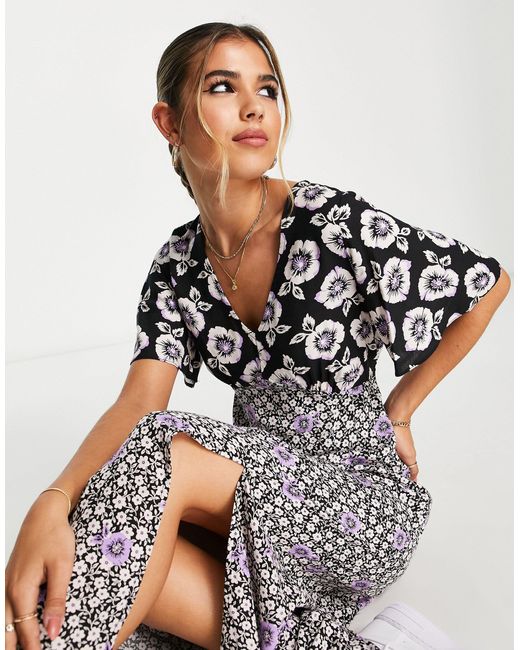 New Look Mixed Floral Print Midi Dress With Side Split in White Lyst