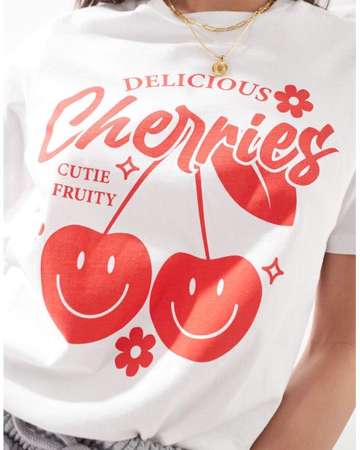 Pieces White 'delicious Cherries' Front Print Oversize T-shirt