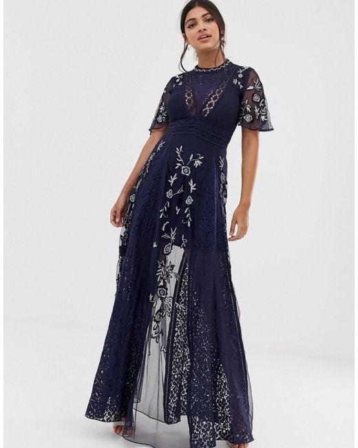Amelia Rose Blue Embroidered Lace Front Maxi Dress With Panel Inserts