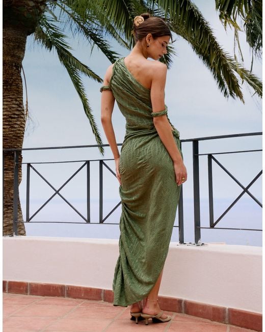 ASOS Ruched Asymmetric Textured Midi Dress With Twisted Strapping Details in Green | Lyst ASOS Ruched Asymmetric Textured Midi Dress With Twisted Strapping Details in Green | Lyst