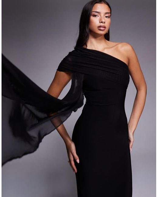 Kaiia Black Exclusive Double Layered Slinky Mesh One Shoulder Drape Detail Maxi Dress
