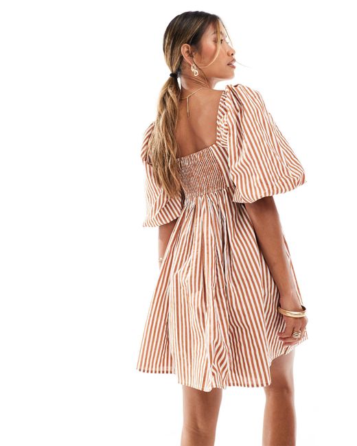 River Island Pink – kurzes babydoll-kleid aus popeline mit braunem muster