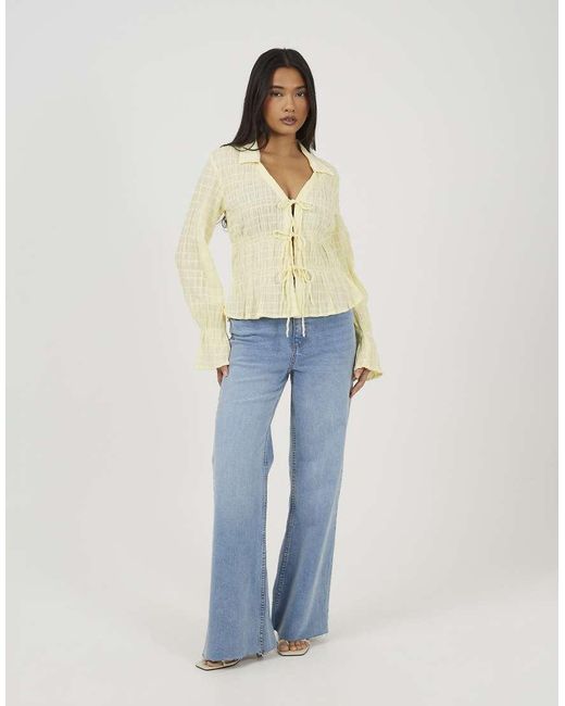 Brave Soul Natural Long Sleeve Tie Front Smock Top