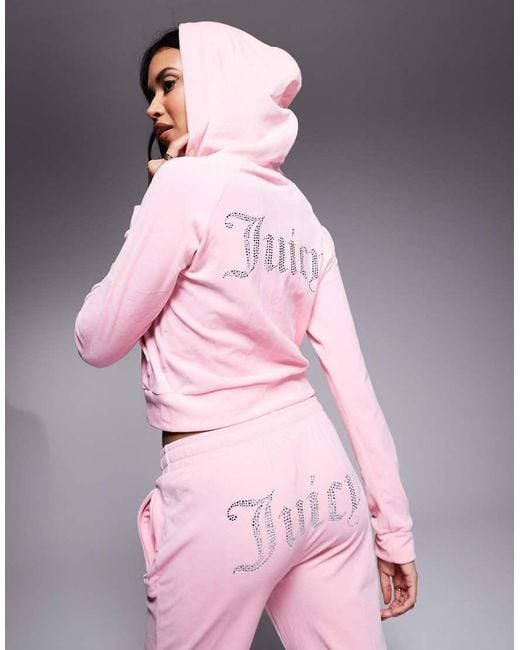 Juicy Couture Pink Diamante Logo Velour Zip Through Hoodie