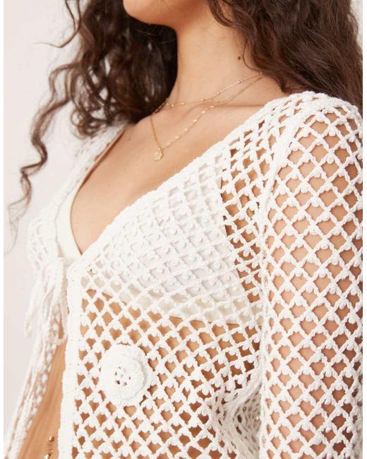 Mango Natural Cotton Tie Front Long Sleeve Crochet Cardigan With Rose Detail